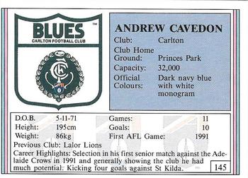 1992 AFL Regina #145 Andrew Cavedon Back